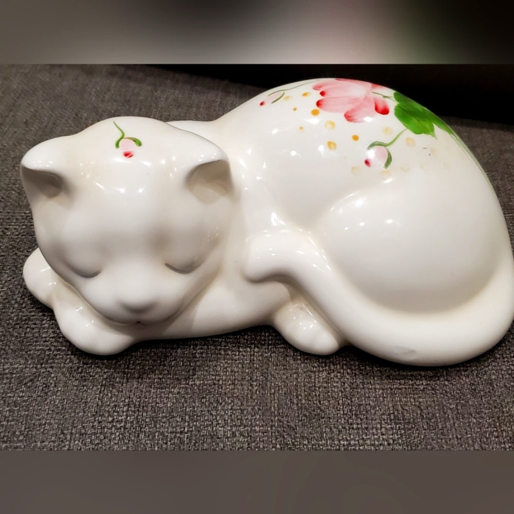 Ceramic Cat Figurine with Floral Design